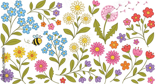 Cute wildflower vector collection with smiling faces daisy dandelion and honey bee isolated on white background for kids.