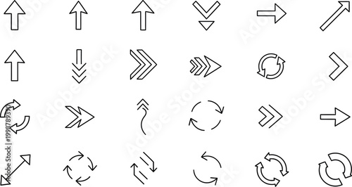 Minimalist collection of arrows in various styles and directions, ideal for navigation, infographics, web design, and business presentations.
