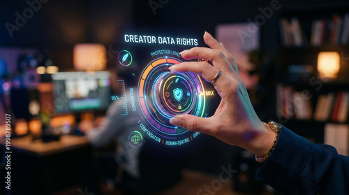 Creator data rights anti ai content concept with hand touching digital interface and shield icon in modern office