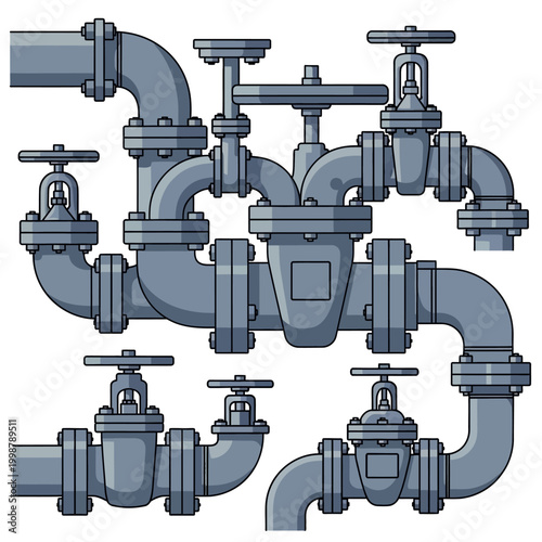Industrial Plumbing System with Valves and Flanges, Technical Blueprint Style