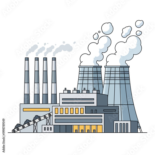 Industrial Power Plant with Smoke Stacks and Cooling Towers, Energy Production