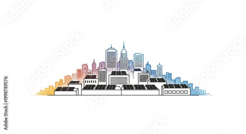 Cityscape with solar panels on rooftops, symbolizing renewable energy and sustainable urban development.
