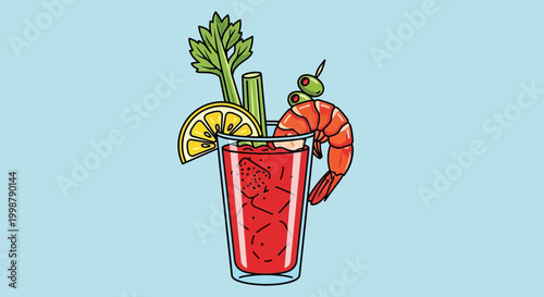 Bloody Mary Cocktail with Shrimp, Celery, Lemon, and Olives on Blue Background