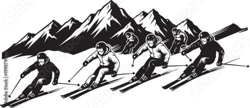 Skiing, skiers, mountain sports, vector icons, black and white, winter recreation, athletic illustrations