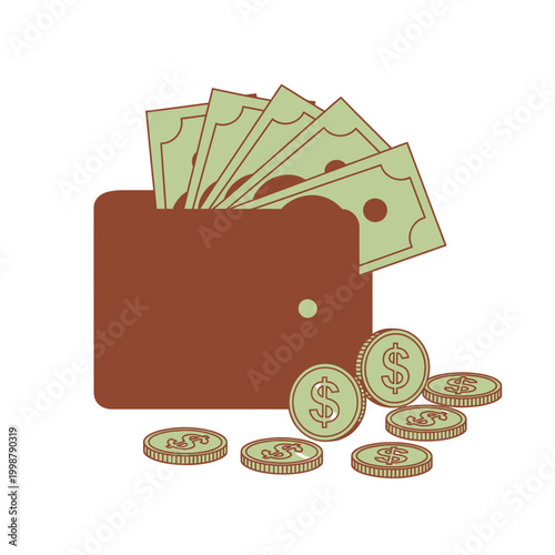 Wallet overflowing with cash and scattered coins, symbolizing wealth and financial gain.