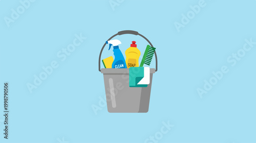A grey cleaning bucket filled with household supplies on a blue background.