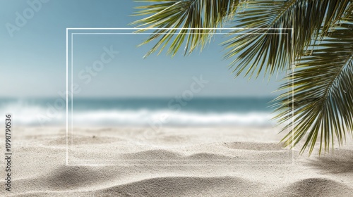 Tropical Beach Background with Palm Leaves and Ocean Waves