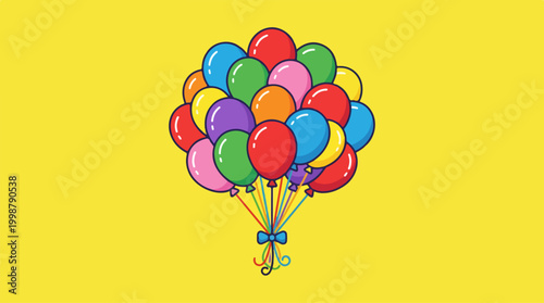 A vibrant cluster of colorful helium balloons floating together.