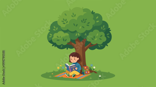 A young girl sitting under a large tree reading a book in the park.
