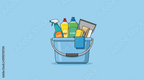Bucket with cleaning supplies and tools for home cleaning service.