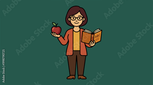 Cartoon illustration of a female teacher holding an apple and a book.