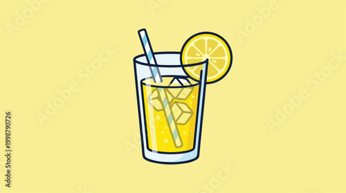 Cartoon illustration of a refreshing glass of lemonade with ice and a lemon slice.