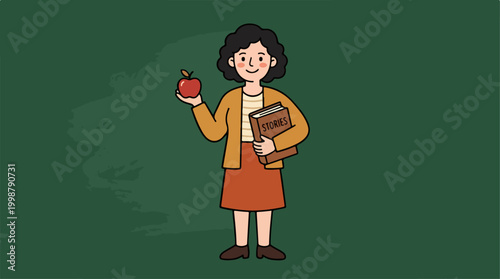 Cartoon Illustration of a Friendly Female Teacher Holding an Apple and a Book.