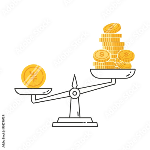 Balance Scale Comparing Yen Coin to Stack of Dollar Coins
