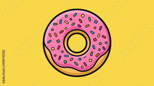 Cartoon Style Pink Glazed Donut with Sprinkles on Yellow Background.