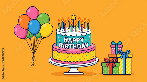 Colorful Happy Birthday Cake with Balloons and Gift Boxes.