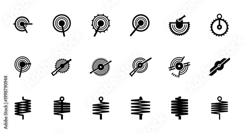 Black, industrial, mechanical icons, 16 symbols, vector graphics, springs, coils, industrial parts, engineering elements