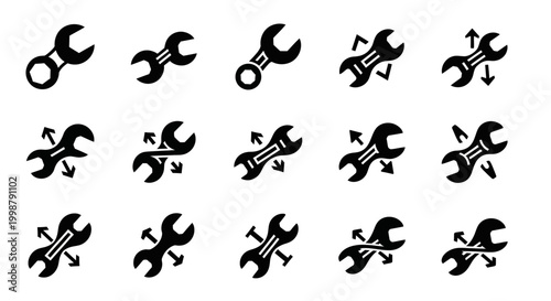 Black wrench icons, adjustable spanner symbols, toolbox graphics, 16 repair tool vector set