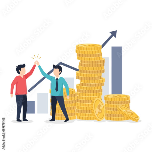 Businessmen celebrating financial success with growing coins and graph