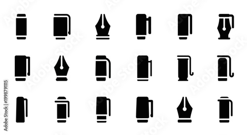 Black ink bottle, fountain pen icons, 20 vector symbols, inkwell graphics, writing tools