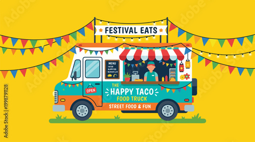 Colorful taco food truck at a festival event with bunting decorations.
