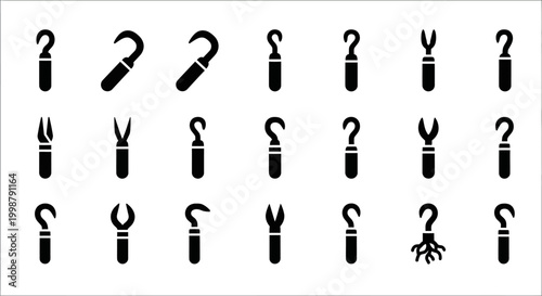 Black and white toolbox icons, 20 wrench and plier tool symbols, vector graphics, industrial equipment illustrations, DIY and repair service design elements