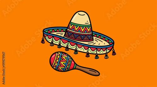 Colorful traditional Mexican sombrero hat and maraca illustration.
