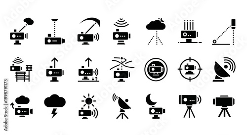 Broadcasting icons, television symbols, radio signs, media graphics, 25 black vector graphics