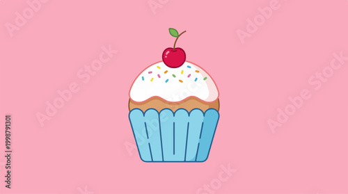 Cute cartoon cupcake illustration with a red cherry on top.