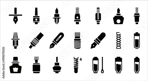 Black and white, 25 mechanical, industrial icons set, vector graphics, engineering symbols, technical drawings