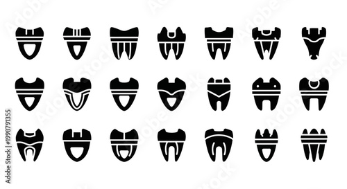 Dental icons, tooth illustrations, black vector graphics, 20 teeth symbols