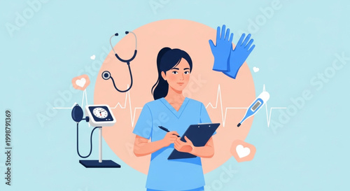 Illustration of a healthcare professional with medical equipment surrounding her, symbolizing care and health services