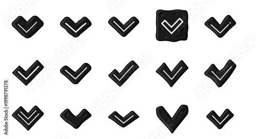 Black checkmark, tick, and heart icons, vector set of 16