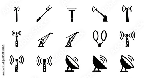 Satellite dish icons, communication symbols, antenna logos, signal vector graphics, 15 icons