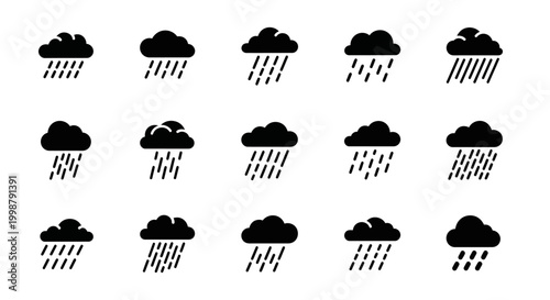 Rain Cloud Icons, Weather Symbols, Black Silhouettes, Vector Graphics