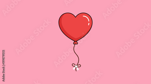 Cute red heart shaped balloon floating on a pink background.