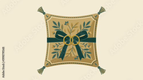 Decorative square cushion with gold botanical embroidery and dark green bow.