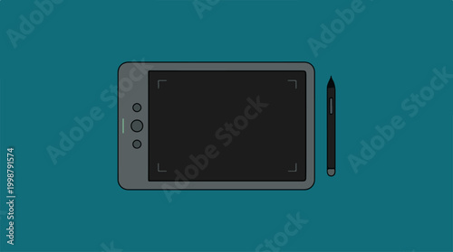 Digital graphics drawing tablet and stylus pen on a teal background.