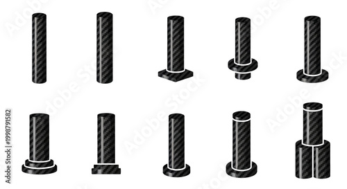Black metal bolts, screw icons, industrial fasteners, hardware symbols, vector set