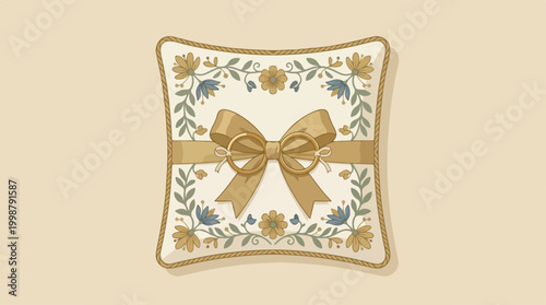 Decorative wedding ring pillow with floral embroidery and elegant gold bow.