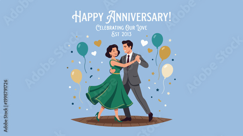 Elegant Couple Dancing Together Celebrating Anniversary Illustration.