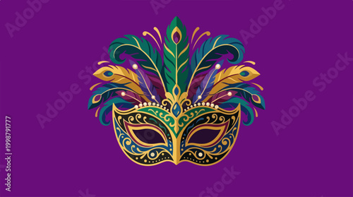 Elegant Mardi Gras carnival mask with vibrant peacock feathers.