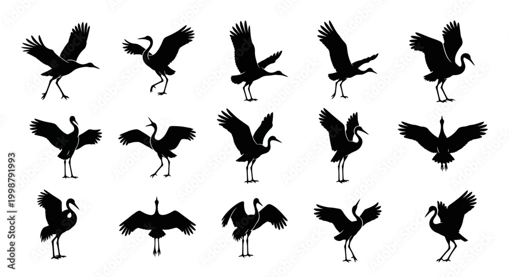 Fototapeta premium Black silhouette cranes, flying birds, avian icons, 16 graphics set, vector illustrations