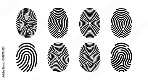Bild auf Leinwand Eight Black Fingerprint Icons, Security Identification Vector Set, Biometric Dat