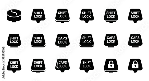 Keyboard key icons, shift lock, caps lock, keyboard symbols, typing indicators, black and white keyboard signs, computer keyboard elements
