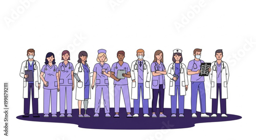 A diverse and dedicated group of healthcare professionals, including doctors and nurses, standing together, representing the strength and commitment of the medical community
