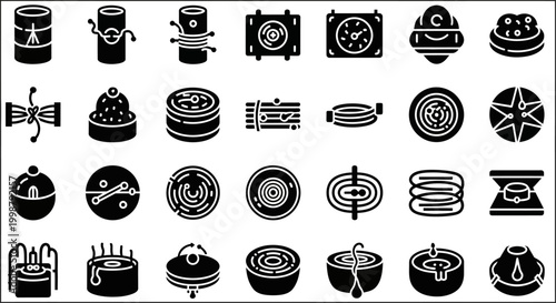 Black and white kitchen utensil icons, cooking symbols, culinary tools, vector graphics