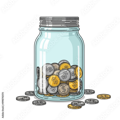Glass Jar Filled with Coins, Representing Savings and Wealth Accumulation