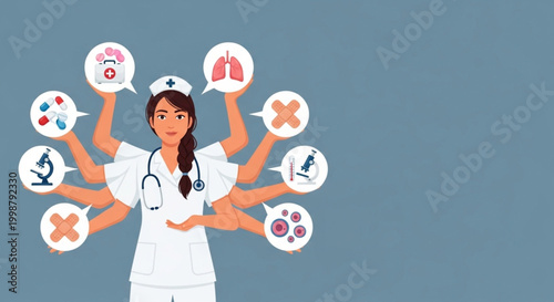Skilled Nurse Expertly Juggling Multiple Medical Tasks with a Multitude of Arms and Icons Displaying Healthcare Services