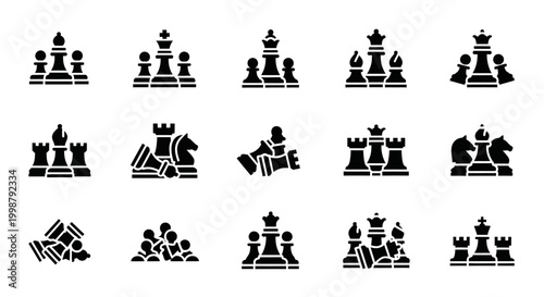 Black chess icons, vector chess pieces, king, queen, rook, bishop, knight, pawn, 16 icons